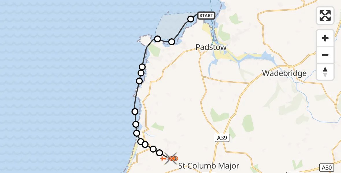 Routekaart van de vlucht: Coastguard Helicopter to Cornwall Airport Newquay