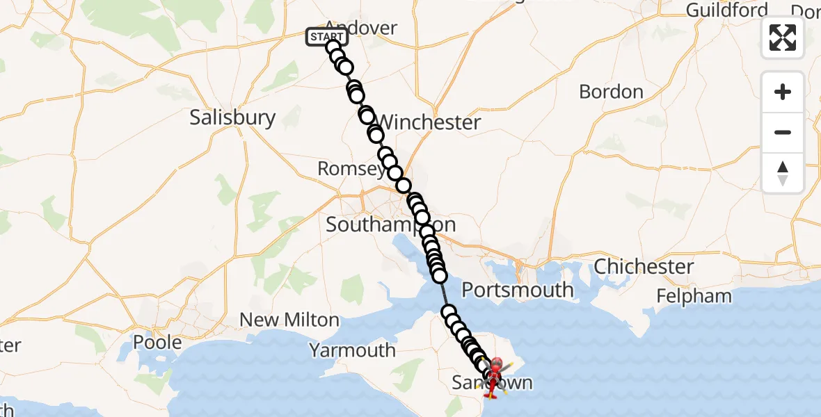 Flight route Air Ambulance Helicopter Monxton - Yaverland, 03 March 2026, 15:42