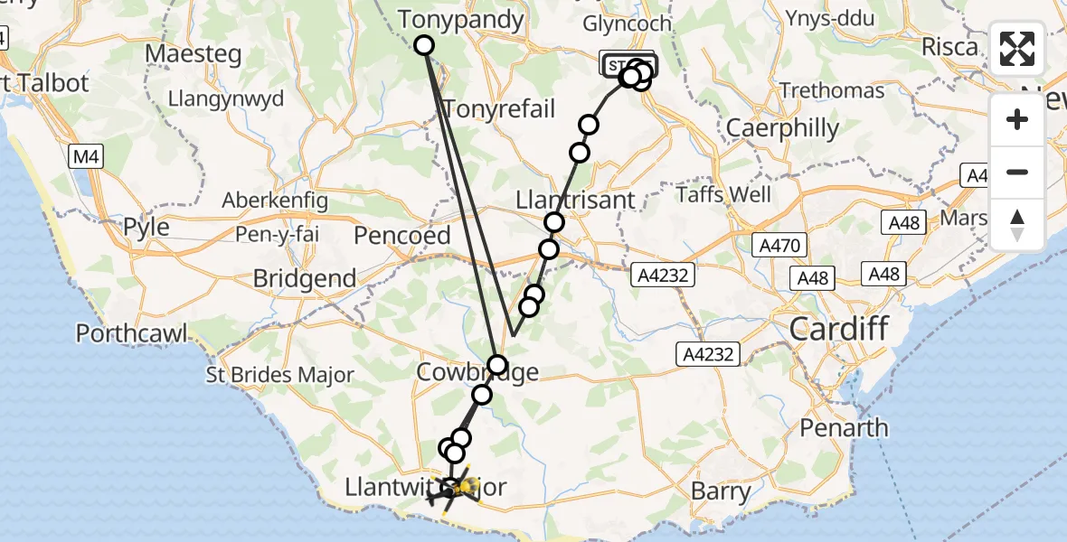 Flight path map showing Police Helicopter route from Graigwen to Boverton