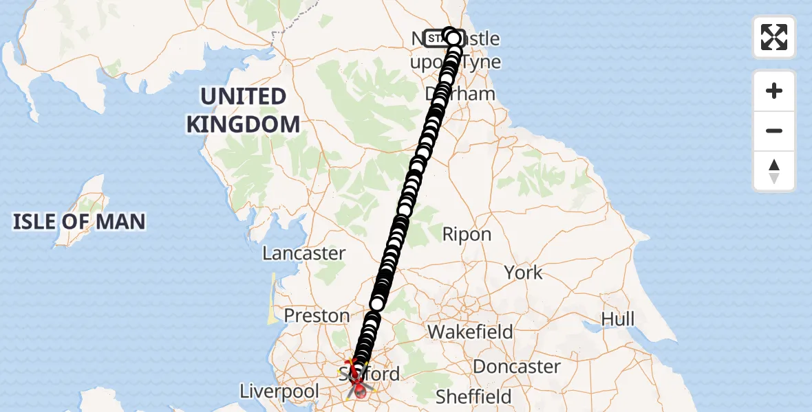 Flight route Air Ambulance Helicopter Newcastle International Airport - Manchester Barton Aerodrome, 03 March 2026, 15:49