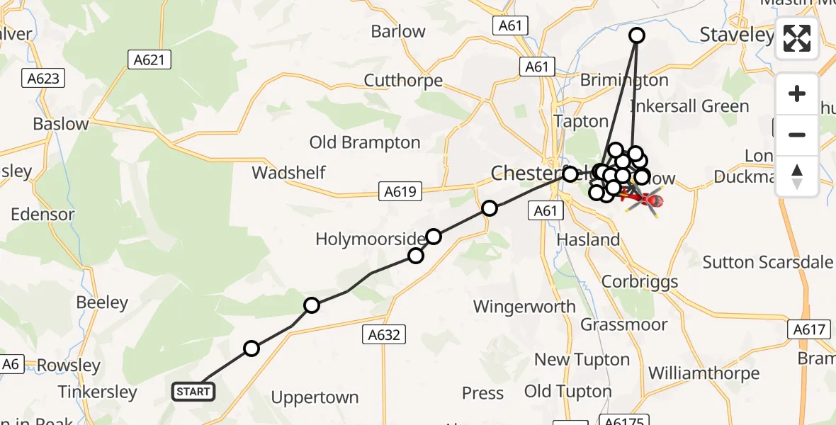 Flight route Air Ambulance Helicopter Darley Dale - Calow, 03 March 2026, 15:53