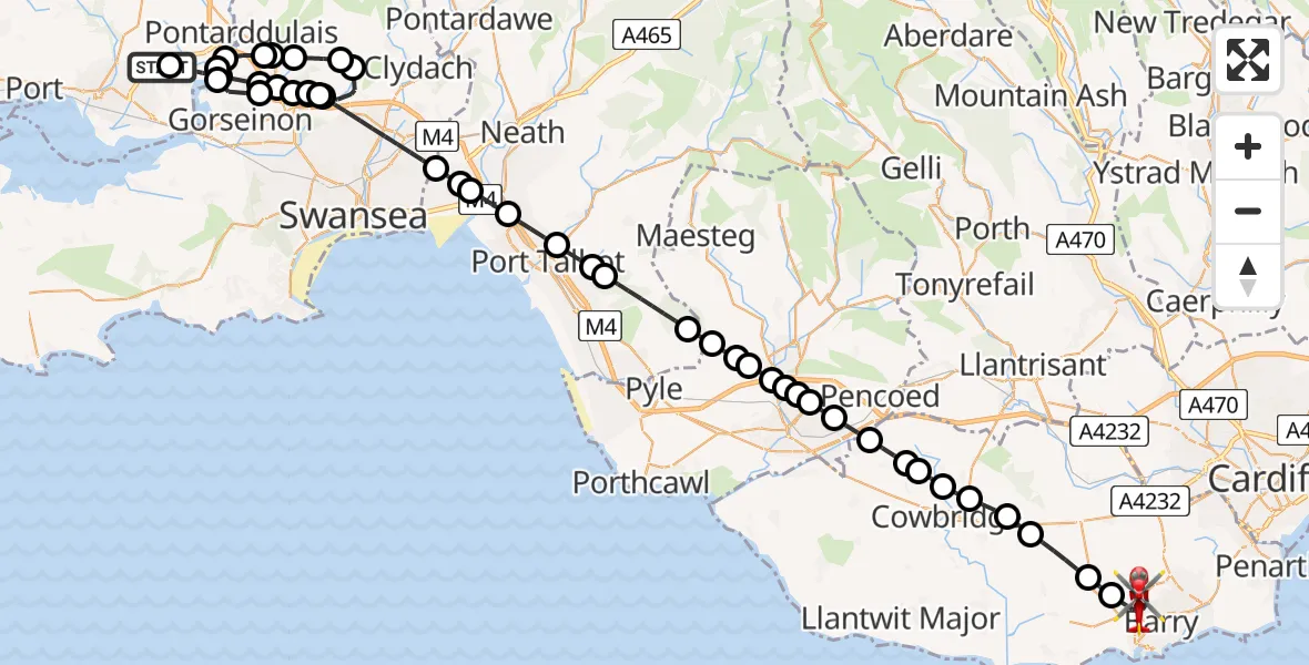Flight route Air Ambulance Helicopter Dafen - Barry, 03 March 2026, 16:08