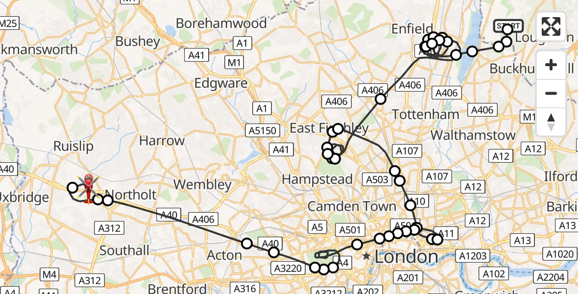 Flight route Air Ambulance Helicopter Metropolitan Police Air Support Unit Lippitts Hill - RAF Northolt, 03 March 2026, 16:10