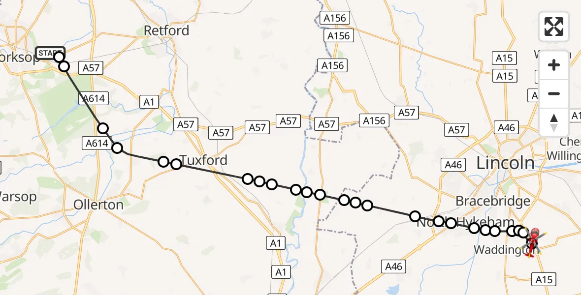 Flight route Air Ambulance Helicopter Worksop - North Kesteven, 03 March 2026, 16:14