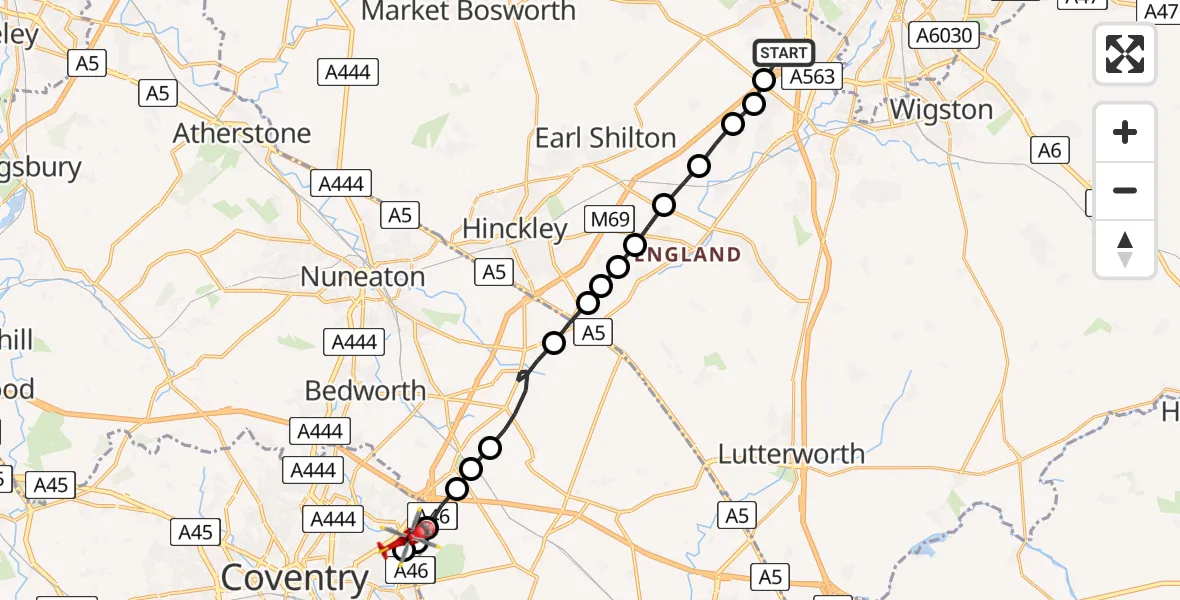Flight path map showing Air Ambulance Helicopter route from New Lubbesthorpe to Coventry