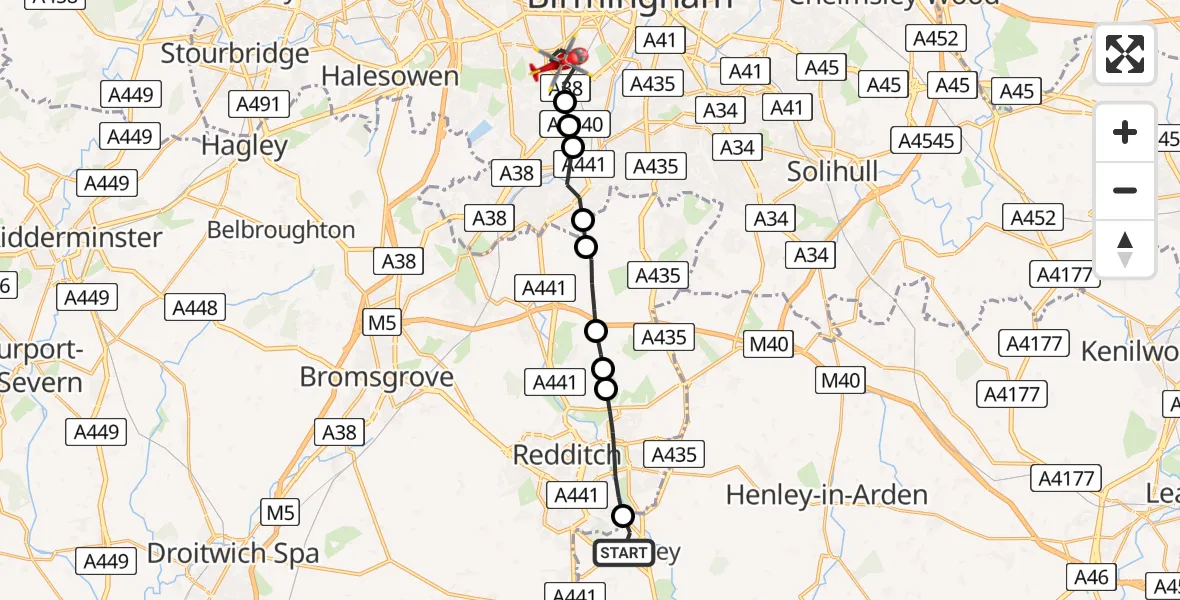 Routekaart van de vlucht: Air Ambulance Helicopter to Metchley, Cross Farm Road