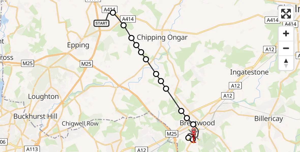 Flight route Air Ambulance Helicopter North Weald Airfield - Brentwood, 03 March 2026, 16:41