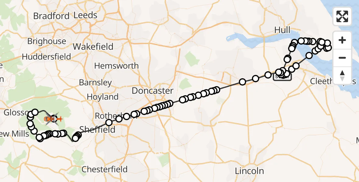 Flight path map showing Coastguard Helicopter route from Humberside Airport to High Peak