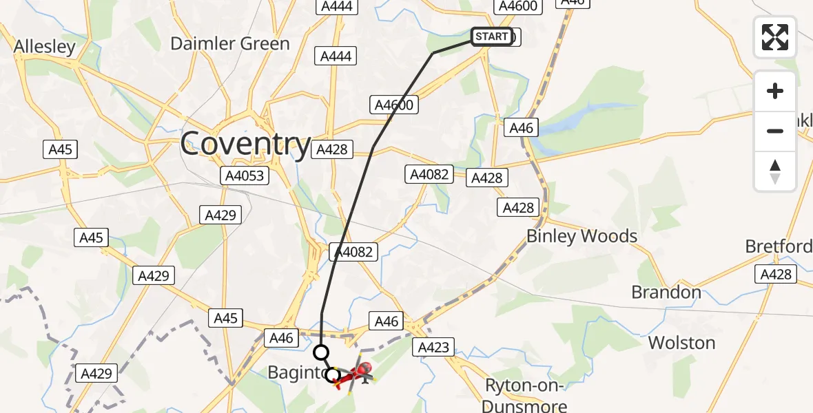 Flight route Air Ambulance Helicopter Coventry - Coventry Airport, 03 March 2026, 16:56