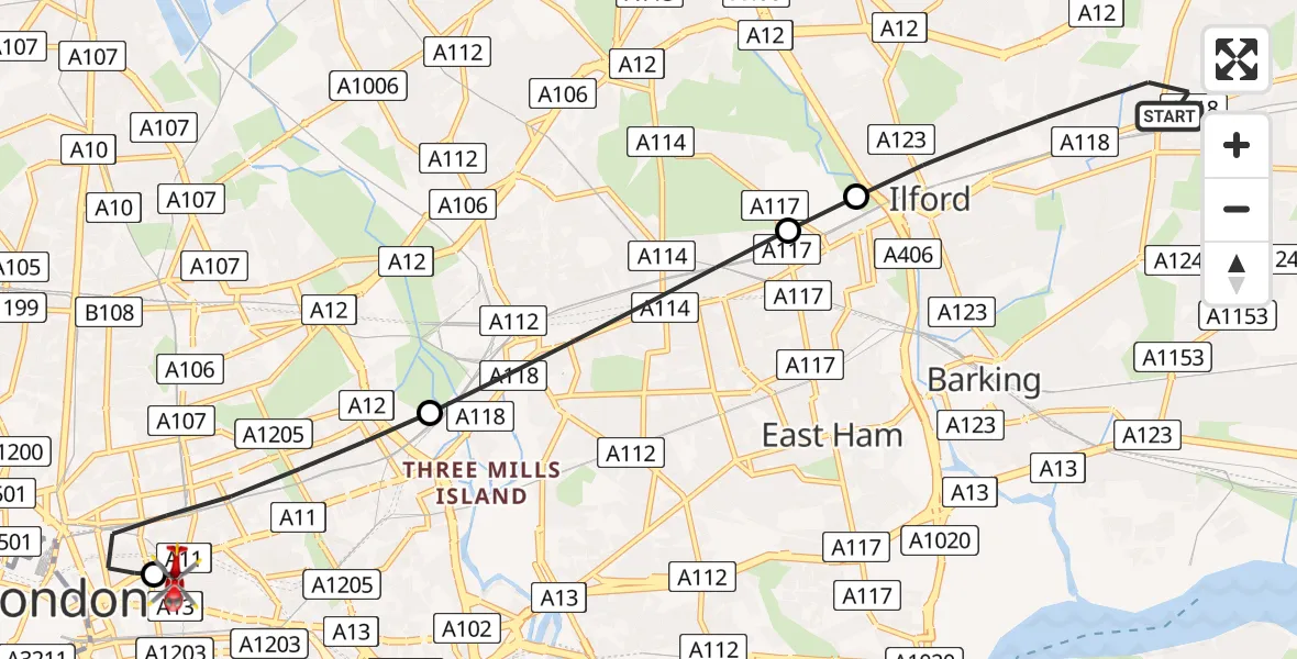 Flight path map showing Air Ambulance Helicopter route from London Borough of Redbridge to Royal London Hospital