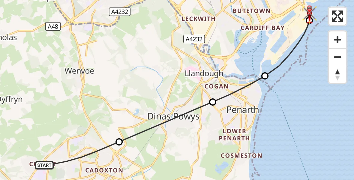 Flight route Air Ambulance Helicopter Barry - Cardiff Heliport, 03 March 2026, 17:03