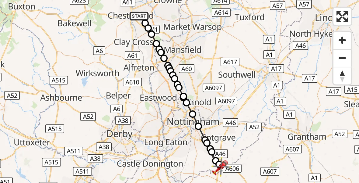 Routekaart van de vlucht: Air Ambulance Helicopter to Rushcliffe