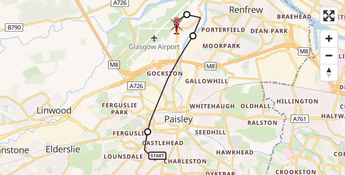 Flight route Air Ambulance Helicopter Royal Alexandria Hospital Paisley - Glasgow Airport, 03 March 2026, 17:11