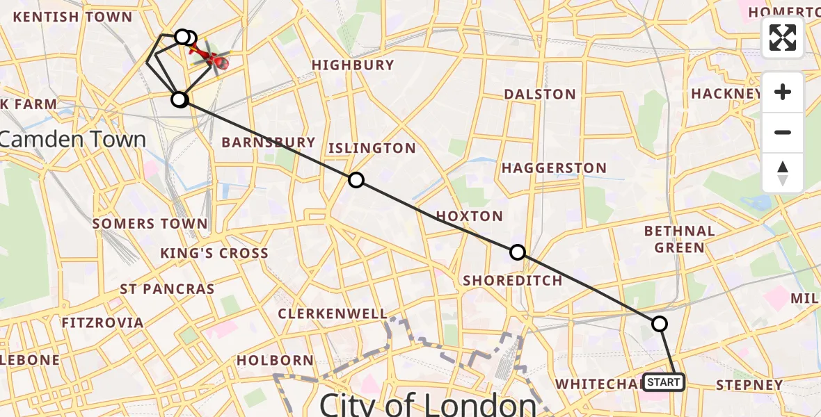 Flight route Air Ambulance Helicopter Royal London Hospital - London Borough of Islington, 03 March 2026, 17:15