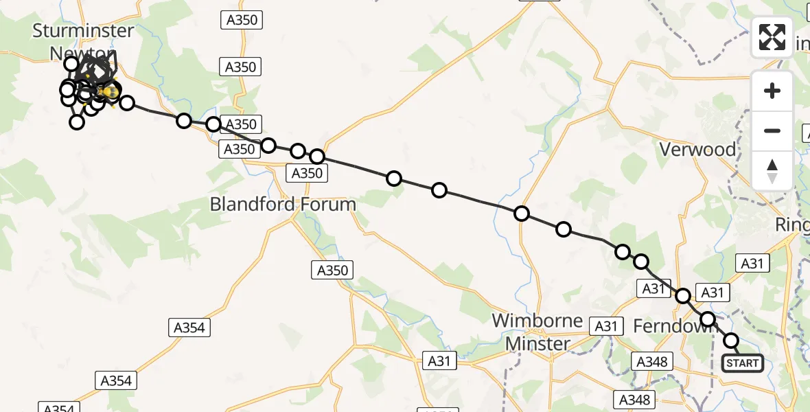 Routekaart van de vlucht: Police Helicopter to Sturminster Newton, Angers Lane