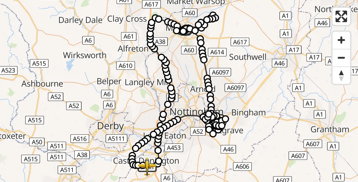 Flight route Police Aircraft East Midlands Airport - East Midlands Airport, 03 March 2026, 17:35