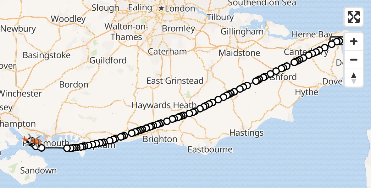 Flight route Coastguard Helicopter Manston Airport - Solent Airport, 03 March 2026, 17:39