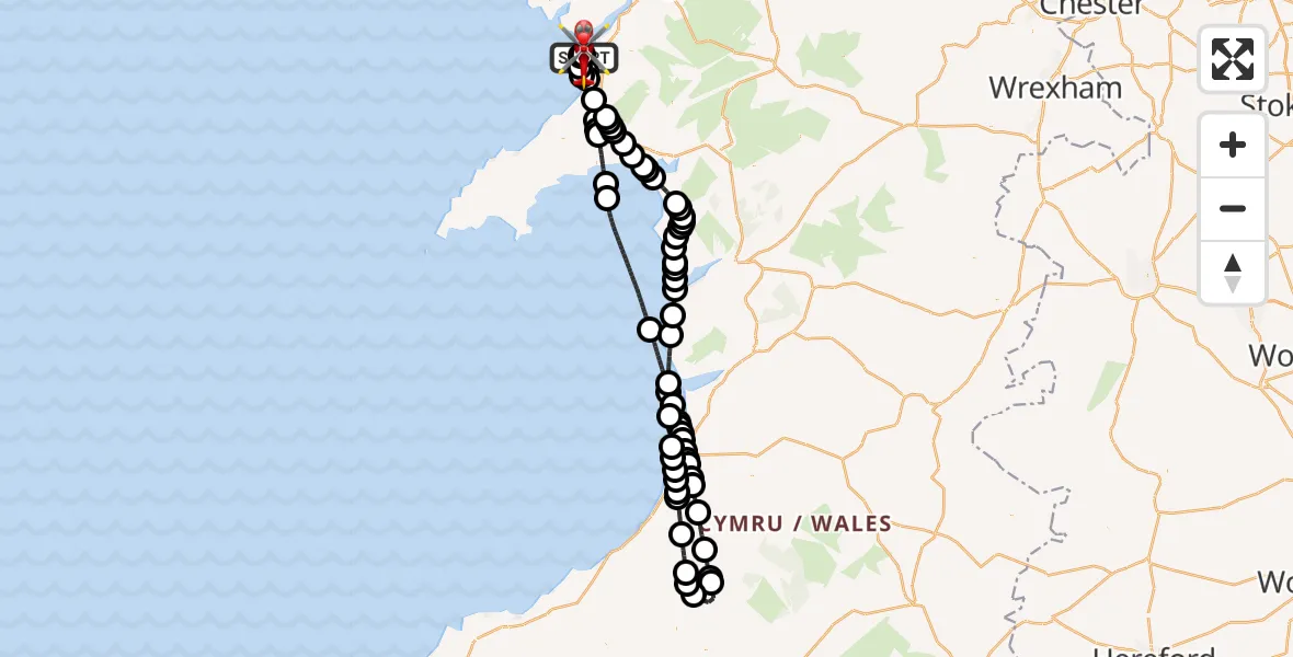 Flight route Air Ambulance Helicopter Caernarfon Airport - Caernarfon Airport, 03 March 2026, 17:41