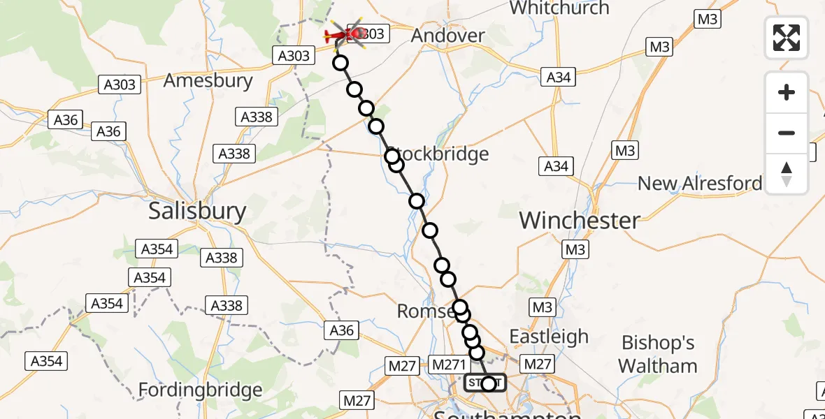 Flight path map showing Air Ambulance Helicopter route from University Hospital Southampton to Thruxton Aerodrome