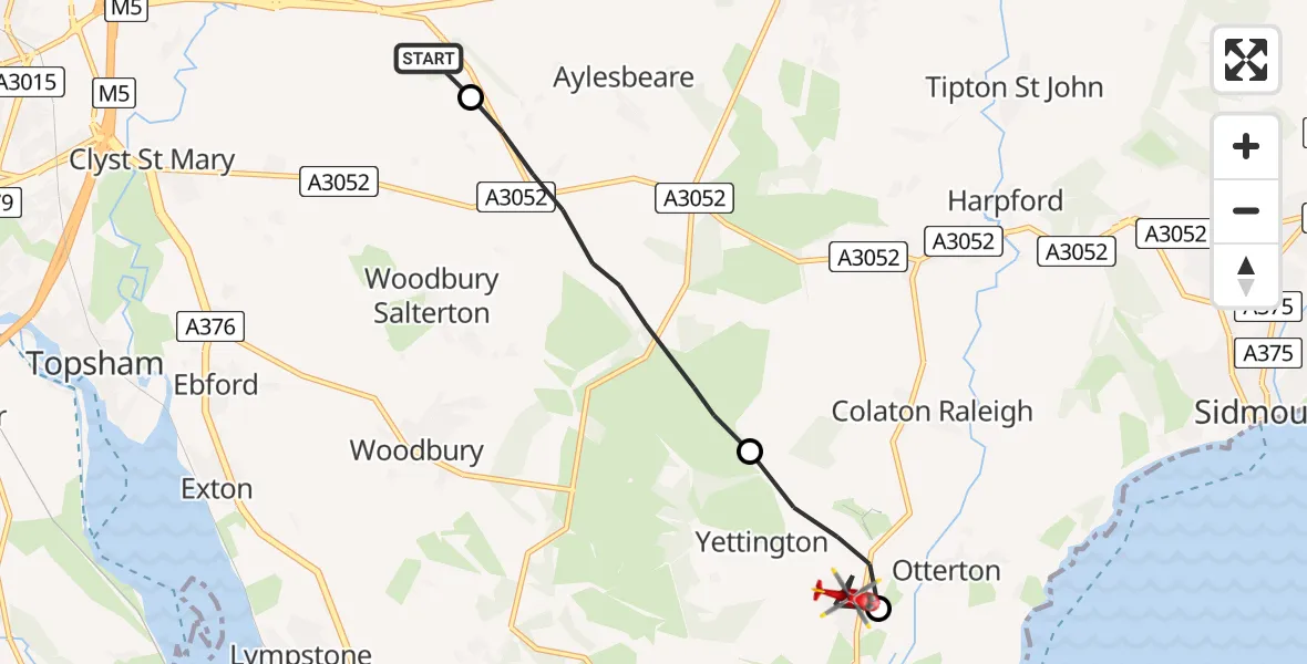 Routekaart van de vlucht: Air Ambulance Helicopter to East Budleigh, Wynards Close