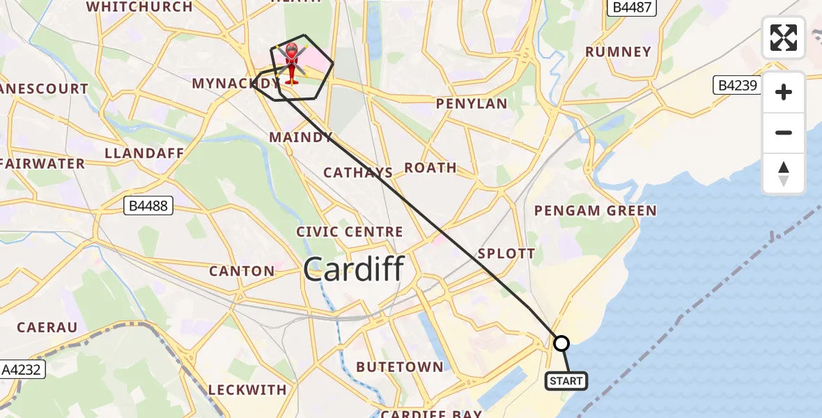 Flight path map showing Air Ambulance Helicopter route from Cardiff Heliport to Cardiff
