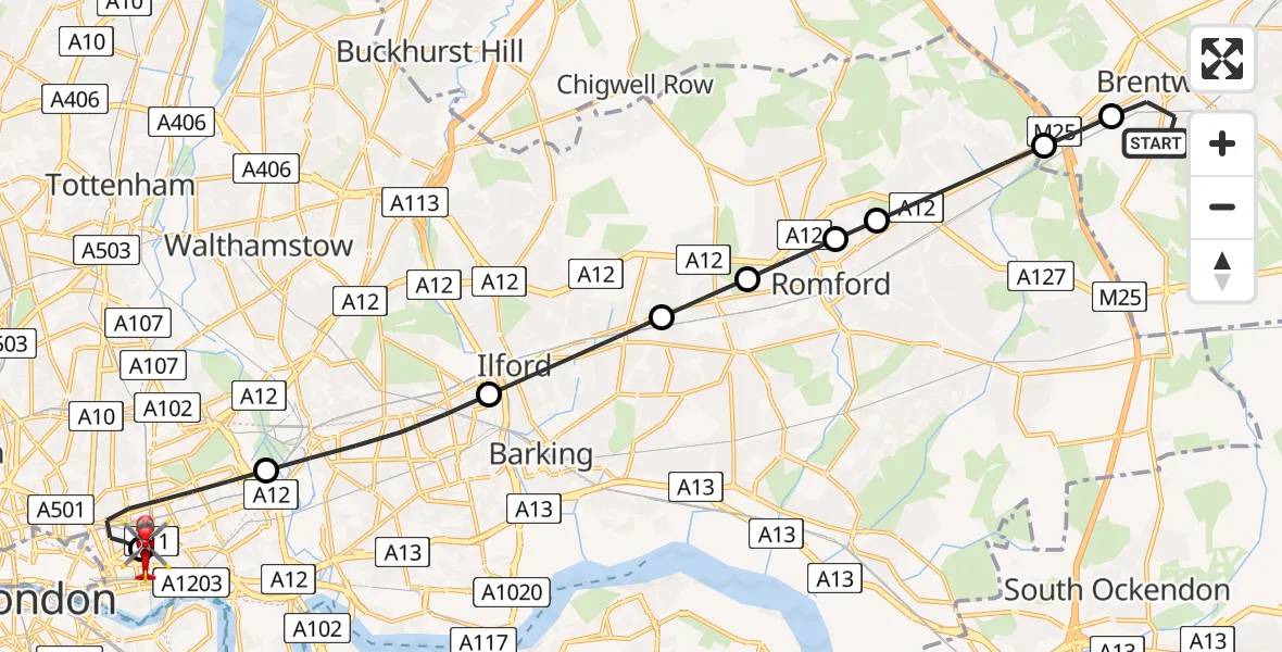 Flight route Air Ambulance Helicopter Brentwood - Royal London Hospital, 03 March 2026, 18:05