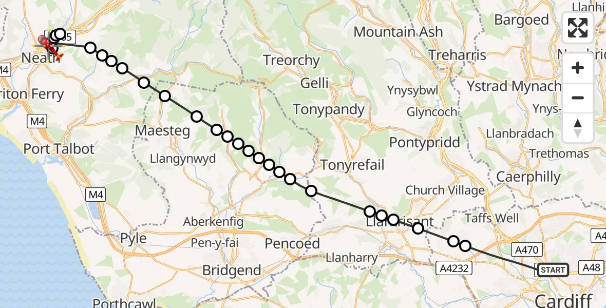 Flight route Air Ambulance Helicopter Cardiff - Cadoxton-juxta-Neath, 03 March 2026, 18:10