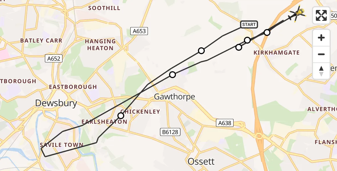 Flight route Police Helicopter Woodkirk - East Ardsley, 03 March 2026, 18:26