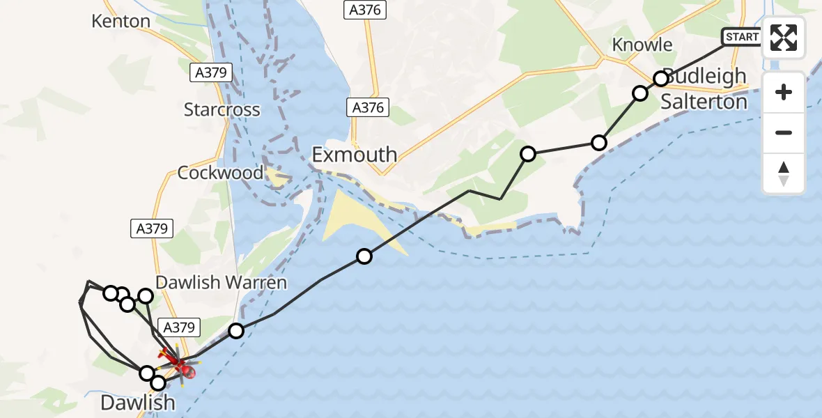 Flight route Air Ambulance Helicopter Budleigh Salterton - Dawlish Warren, 03 March 2026, 18:37