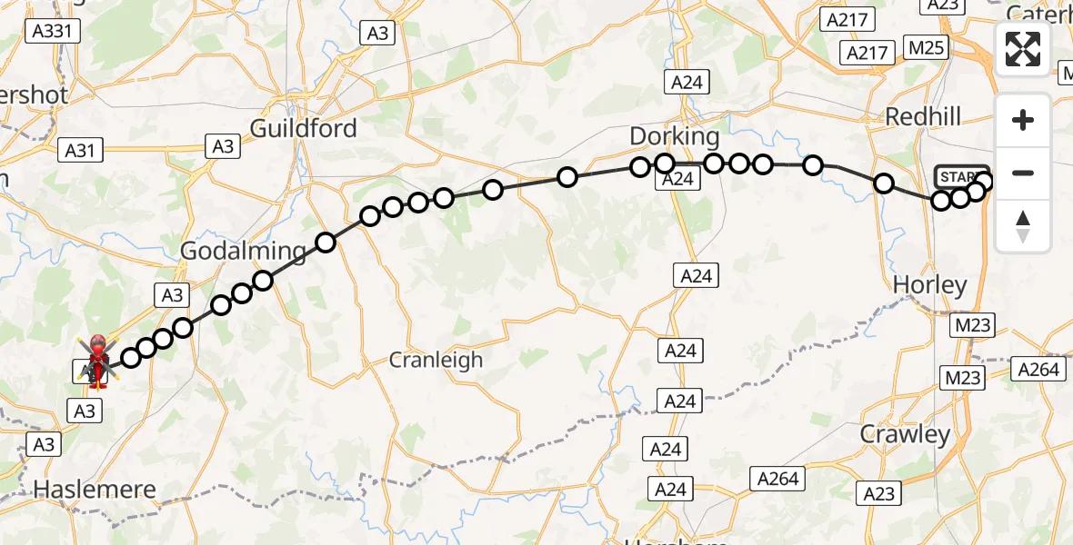 Flight route Air Ambulance Helicopter Redhill Aerodrome - Thursley, 03 March 2026, 18:44