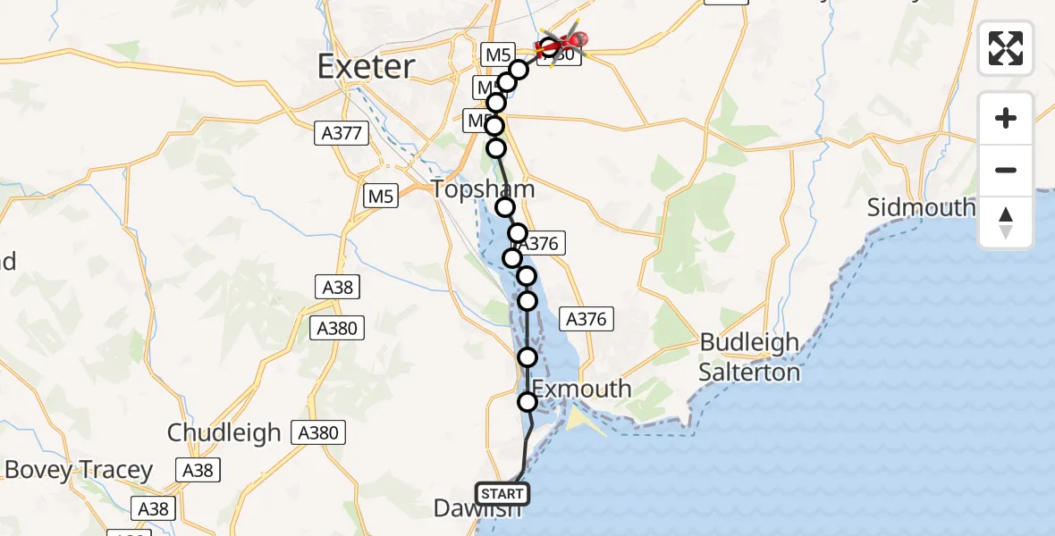 Flight route Air Ambulance Helicopter Dawlish Warren - Exeter International Airport, 03 March 2026, 18:52