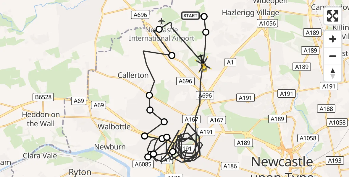 Flight path map showing Police Helicopter route from Newcastle International Airport to Newcastle upon Tyne