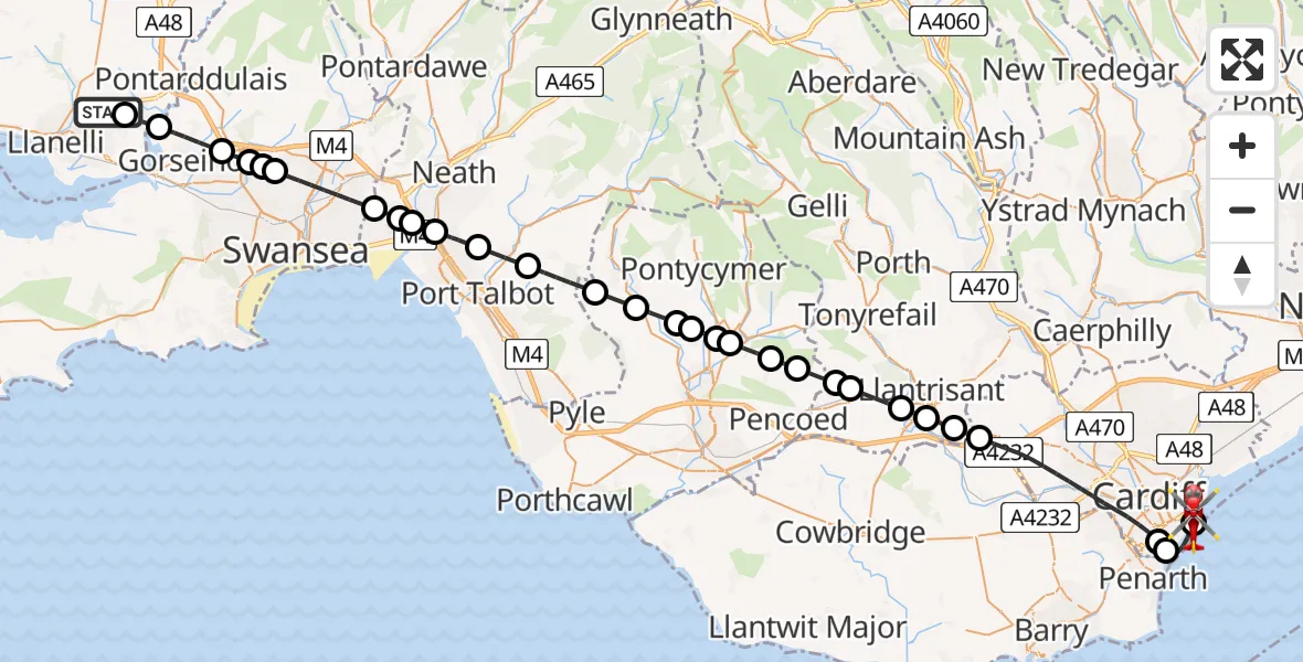 Flight route Air Ambulance Helicopter Dafen - Cardiff Heliport, 03 March 2026, 19:16