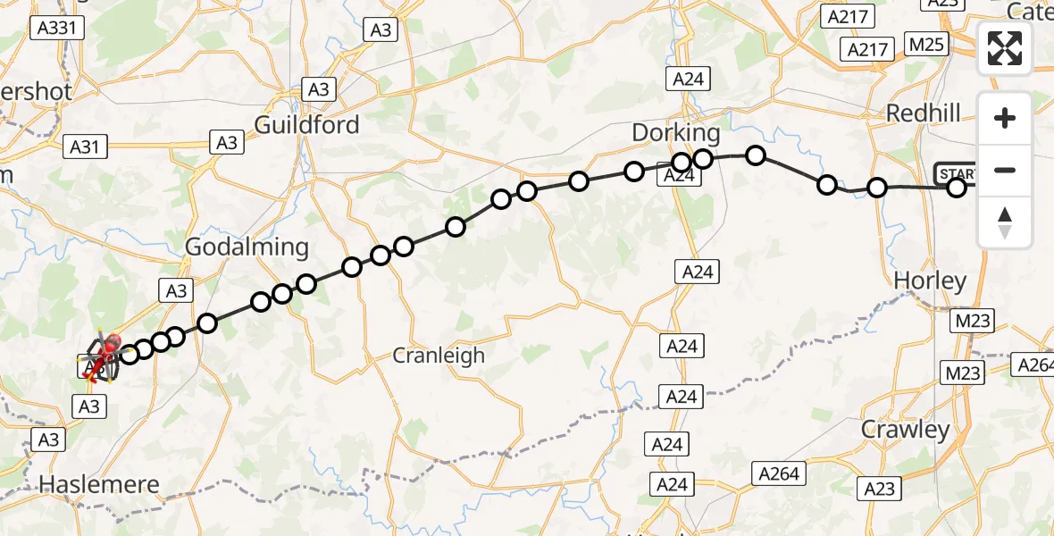Flight route Air Ambulance Helicopter Redhill Aerodrome - Thursley, 03 March 2026, 19:22