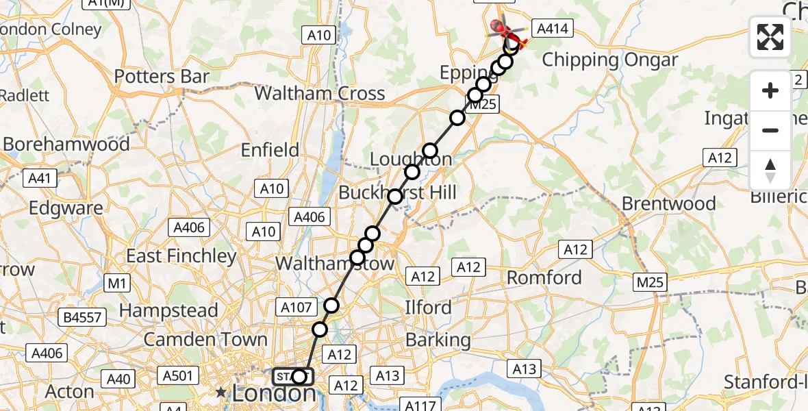 Flight route Air Ambulance Helicopter Royal London Hospital - North Weald Airfield, 03 March 2026, 19:24