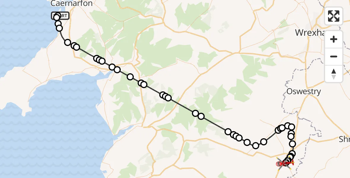 Flight route Air Ambulance Helicopter Caernarfon Airport - Welshpool Airport, 03 March 2026, 19:30