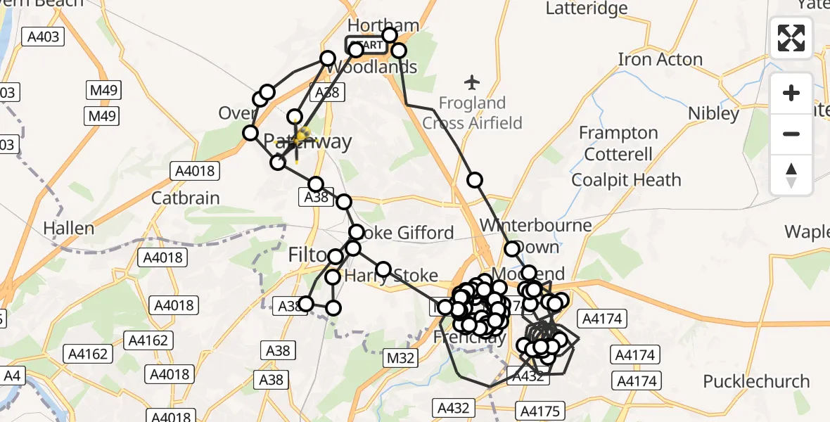 Flight path map showing Police Helicopter route from Almondsbury Helicopter Base to Bristol