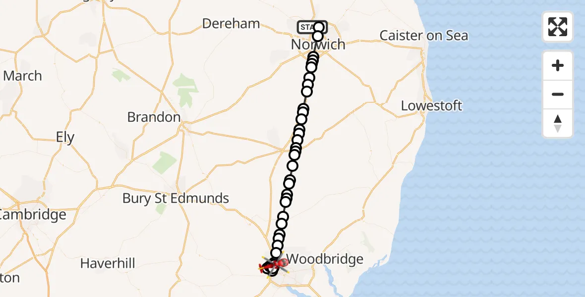Flight route Air Ambulance Helicopter Norwich Airport - Bramford, 03 March 2026, 19:49