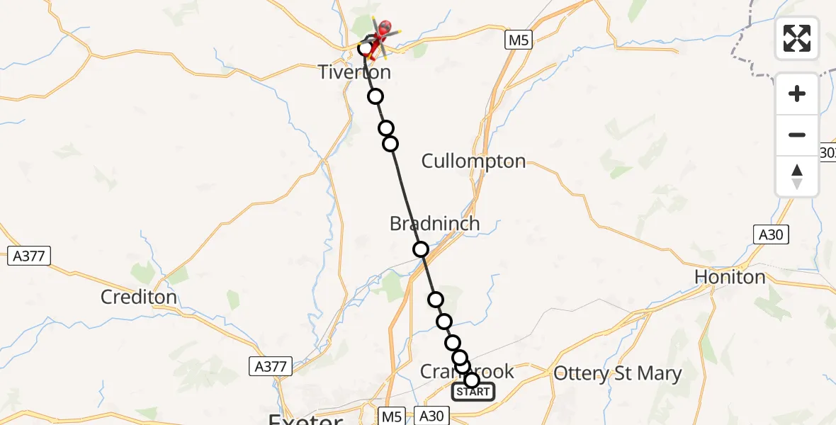 Flight route Air Ambulance Helicopter Rockbeare - Chettiscombe, 03 March 2026, 19:49