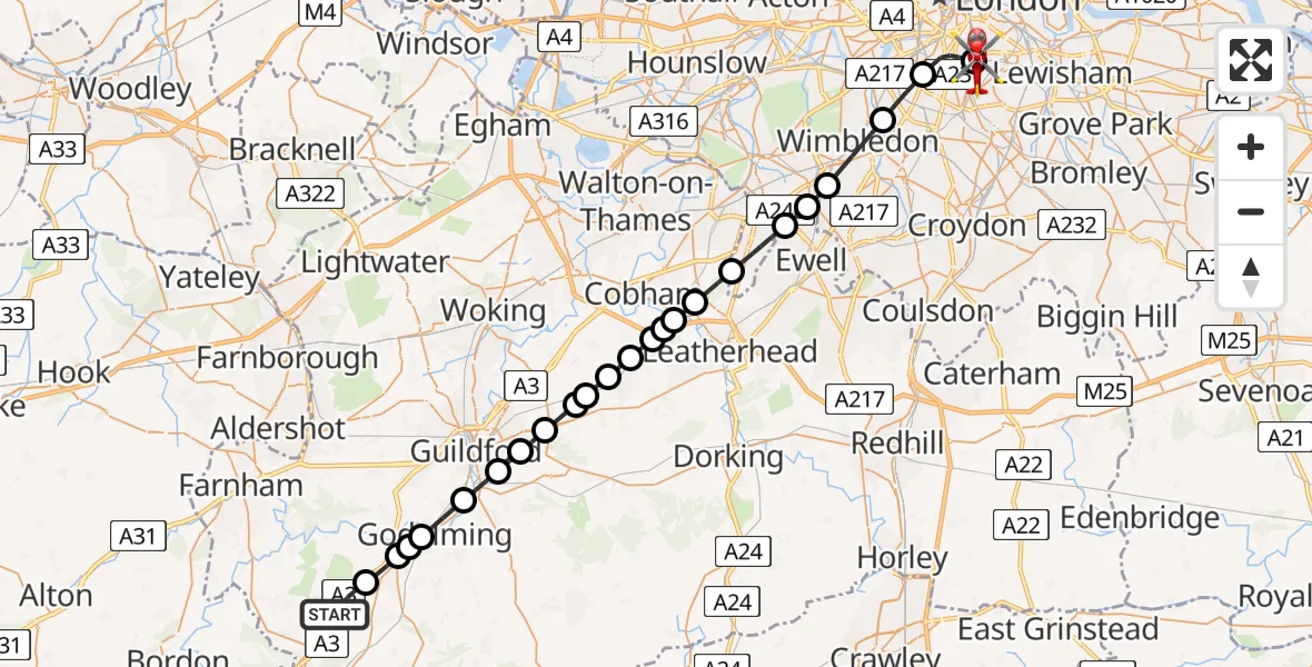 Flight route Air Ambulance Helicopter Thursley - Kings College London Hospital, 03 March 2026, 20:25