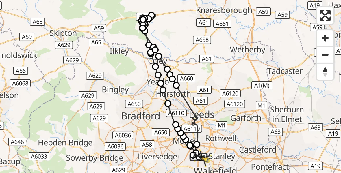 Routekaart van de vlucht: Police Helicopter to East Ardsley, Stoney Lane