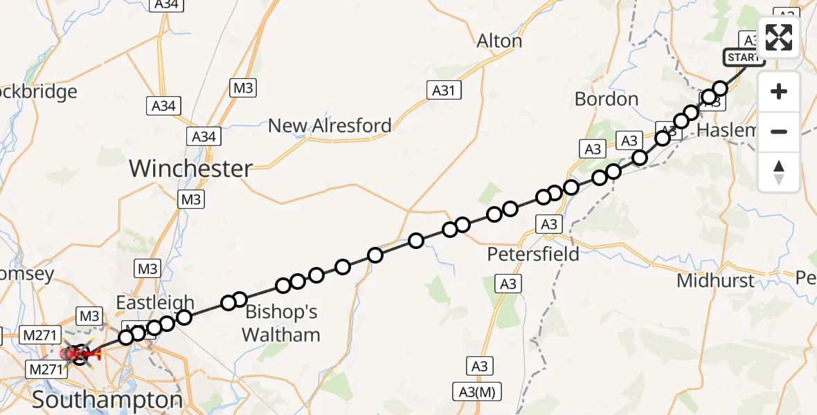 Routekaart van de vlucht: Air Ambulance Helicopter to University Hospital Southampton
