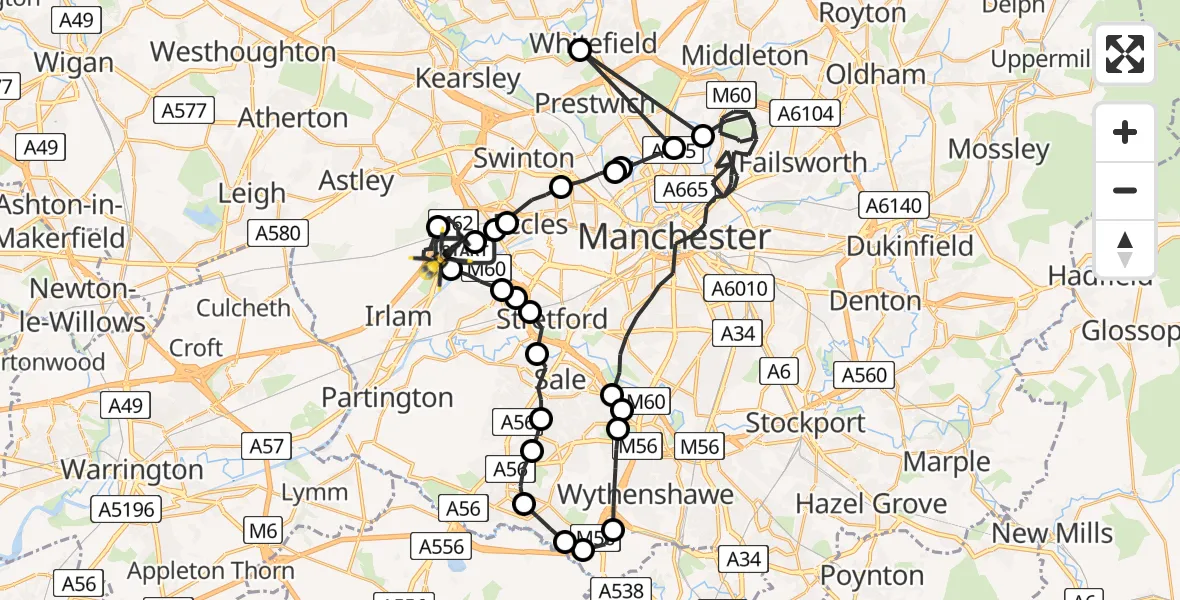 Flight route Police Helicopter Eccles - Manchester Barton Aerodrome, 03 March 2026, 20:40