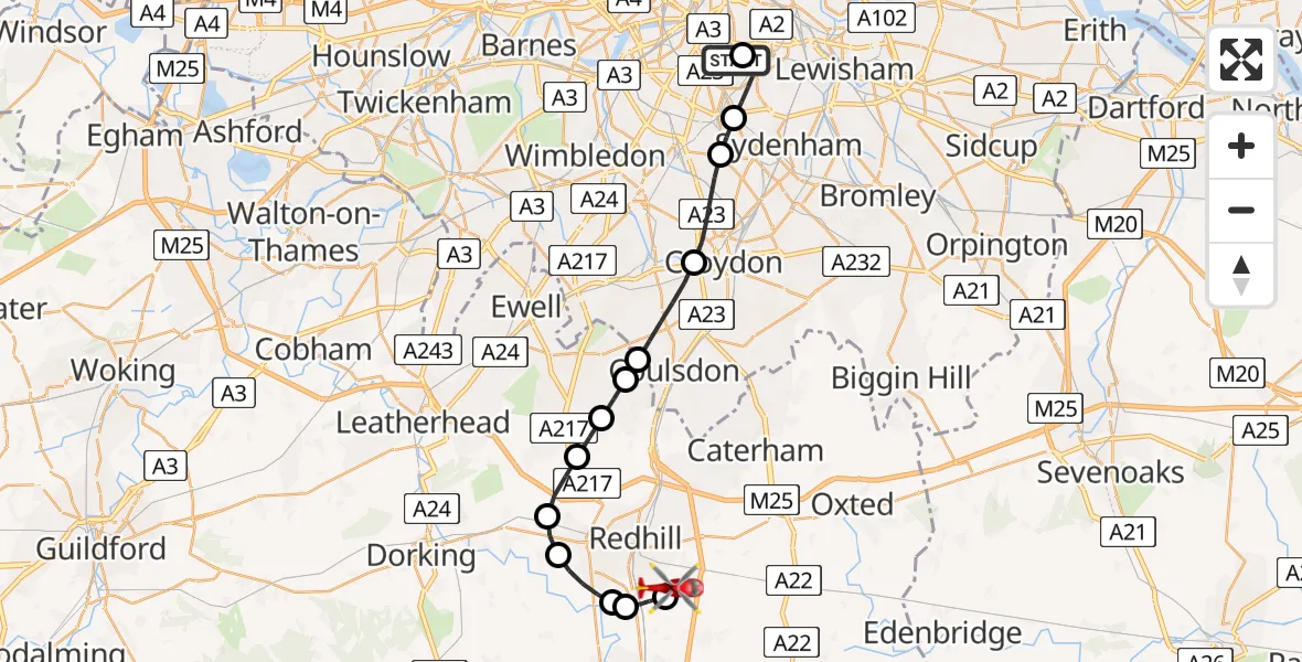 Flight route Air Ambulance Helicopter Kings College London Hospital - Redhill Aerodrome, 03 March 2026, 20:53
