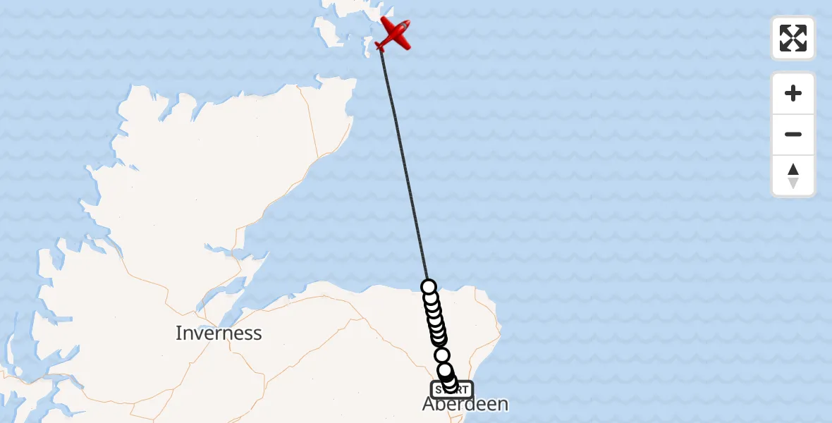 Flight route Air Ambulance Aircraft Aberdeen City - North Sea, 03 March 2026, 20:54