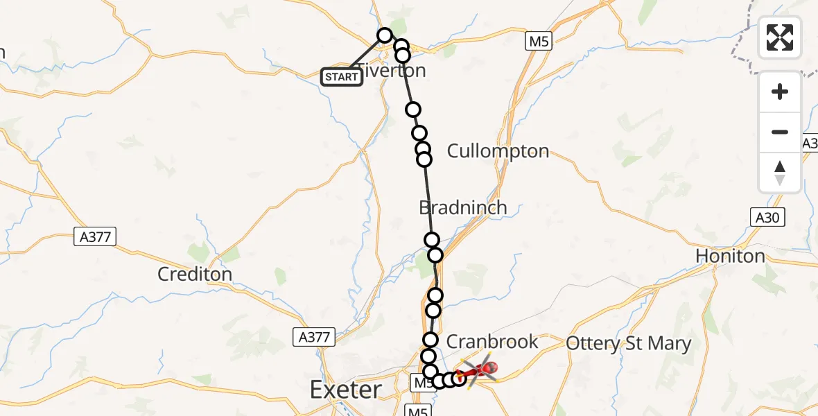 Flight path map showing Air Ambulance Helicopter route from Tiverton to Exeter International Airport
