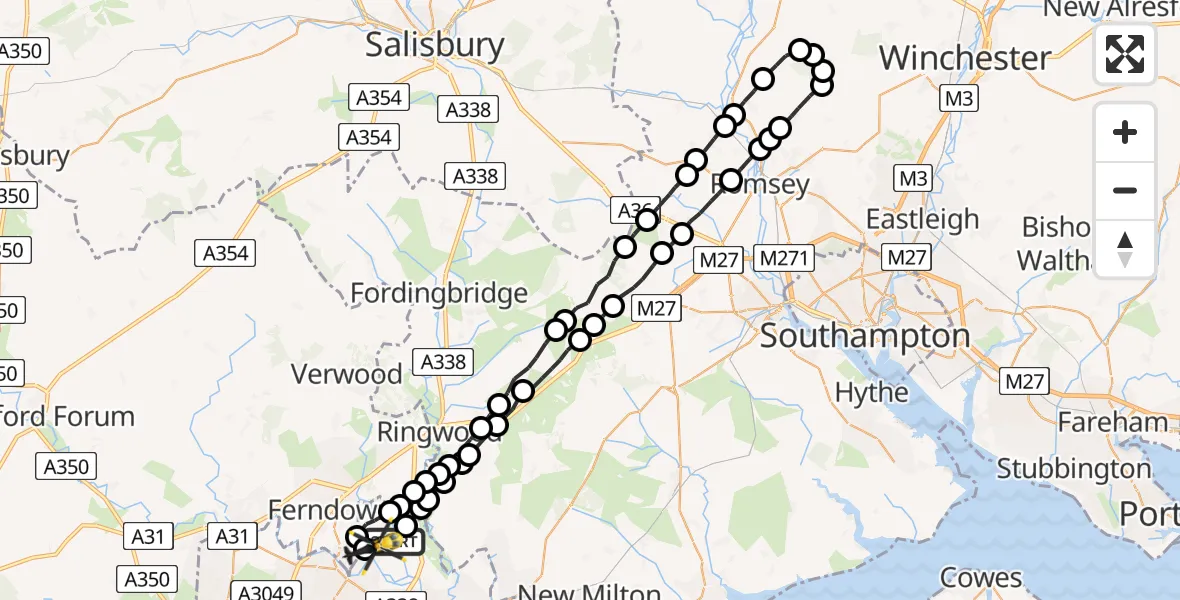 Flight route Police Helicopter Bournemouth Airport - Bournemouth Airport, 03 March 2026, 21:09