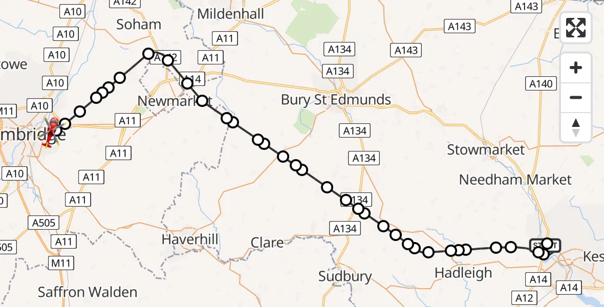 Routekaart van de vlucht: Air Ambulance Helicopter to Cambridge City Airport