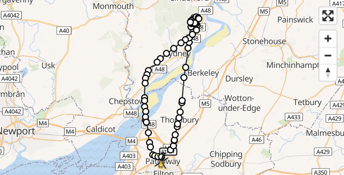 Flight route Police Helicopter Almondsbury Helicopter Base - Patchway, 03 March 2026, 21:38