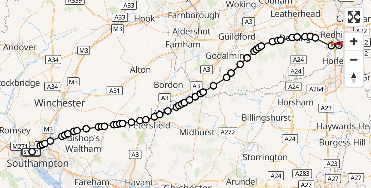 Flight route Air Ambulance Helicopter University Hospital Southampton - Redhill Aerodrome, 03 March 2026, 21:38